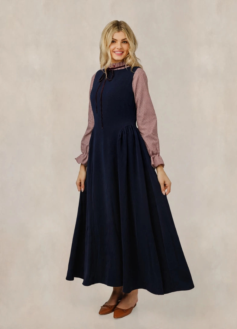 WW61393D-B Fit-And-Flare Jumper W/ Tie Neck Gingham Underlay - Navy