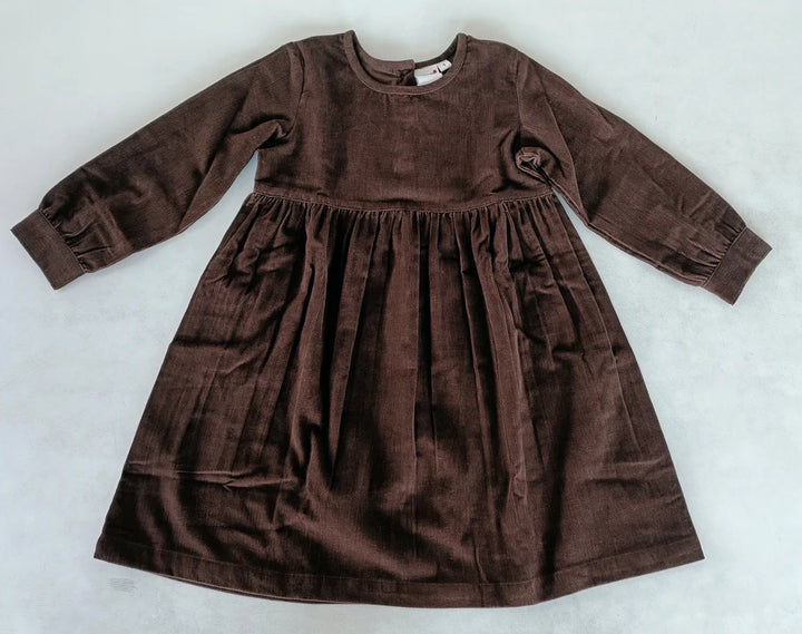 YB2672 Brown Corduroy Long Sleeves Gathered Dress