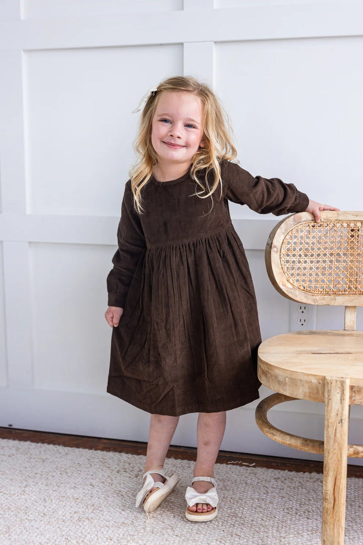 YB2672 Brown Corduroy Long Sleeves Gathered Dress