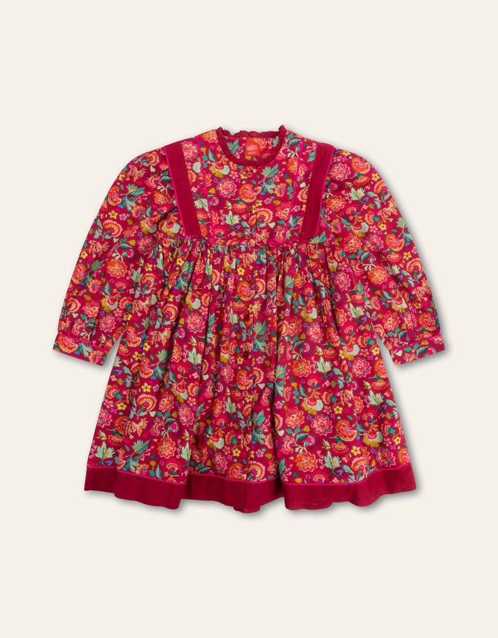 YF25GDR204-DAVIDA LONG SLEEVE FLORAL DRESS-209 PERSIAN RED