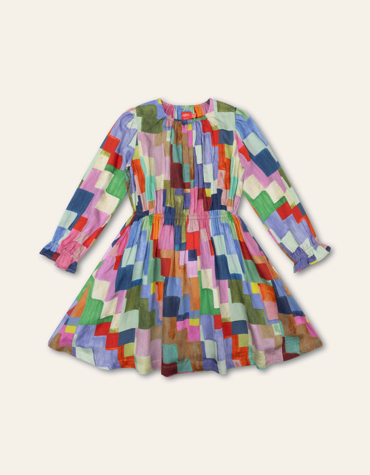 YF25GDR213-DANNE LONG SLEEVE SQUARE PRINT DRESS-511 WEDGEWOOD