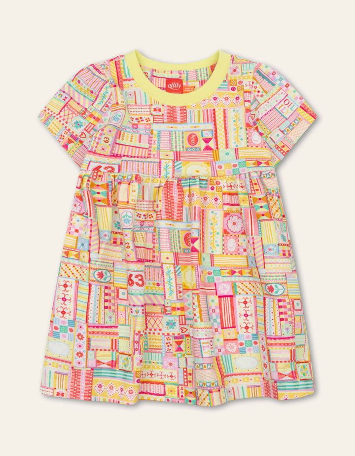 724 DOODLE GIRLS SS PATCHWORK PRINT DRESS - SUNNY LIME