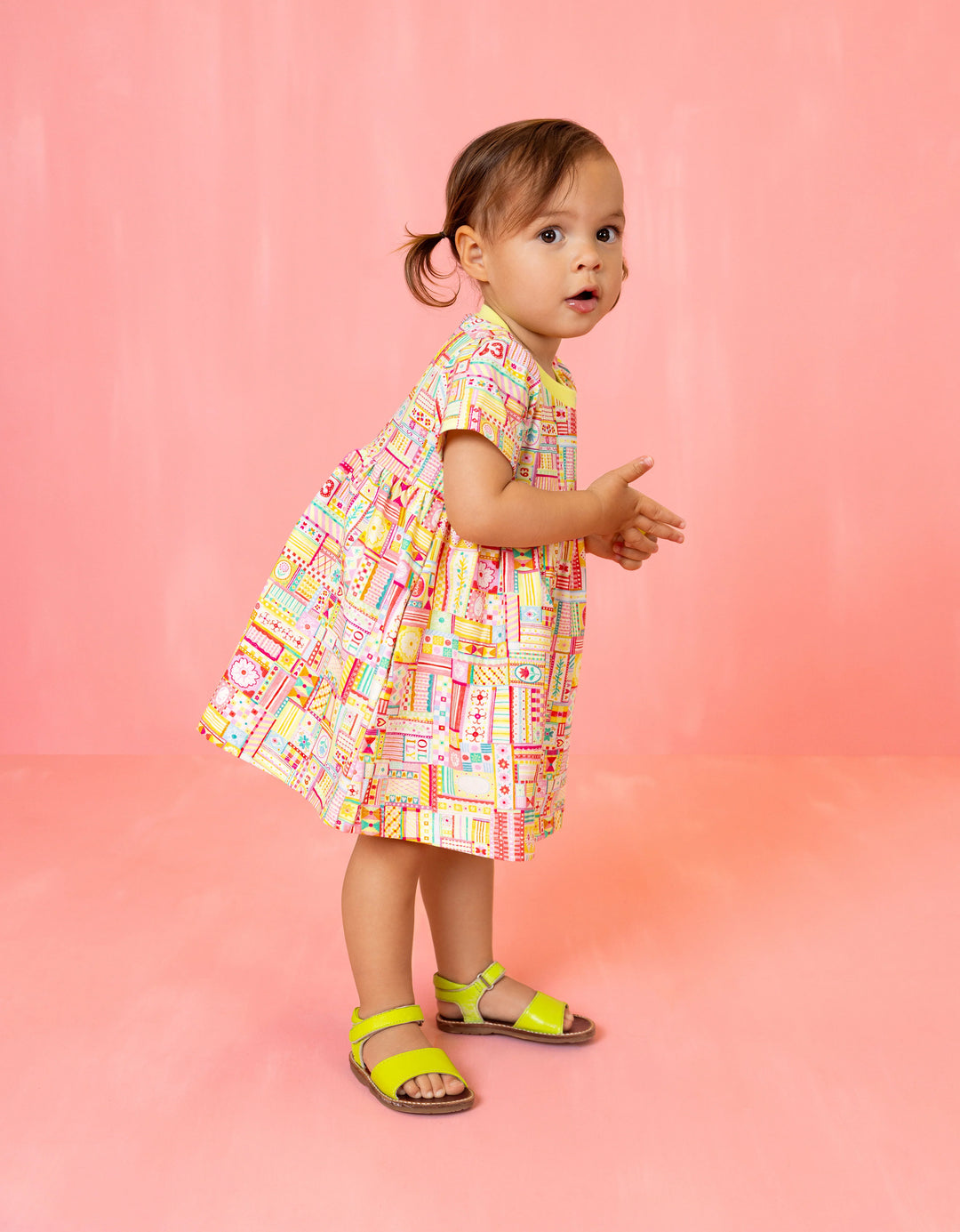 724 DOODLE GIRLS SS PATCHWORK PRINT DRESS - SUNNY LIME