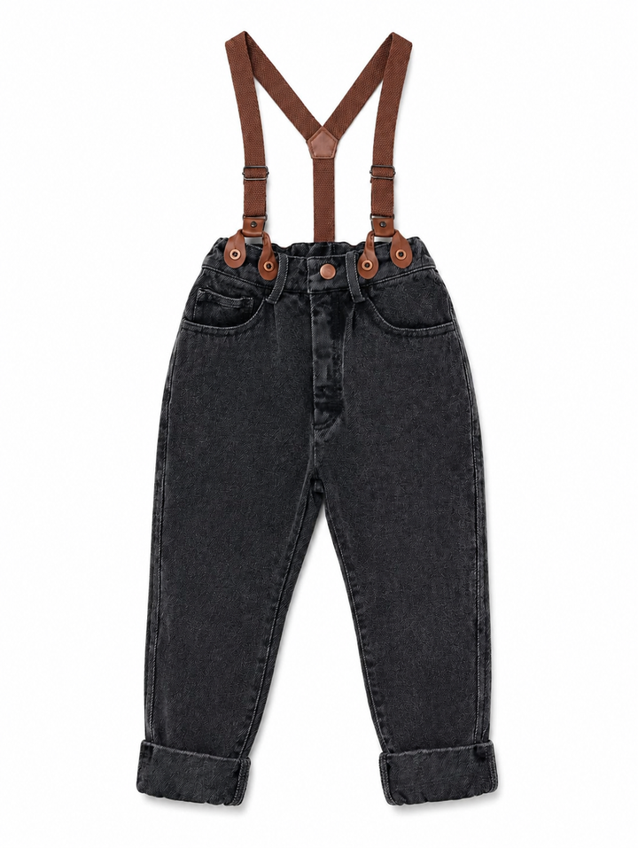 A2708BK BOY DENIM PANTS WITH SUSPENDERS-Black