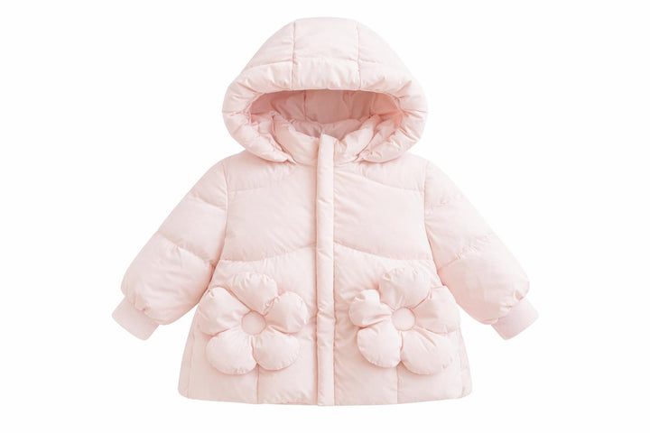 B10 Pink Hooded Baby Down Coat with Oversized Floral Pocket Detail - PINK