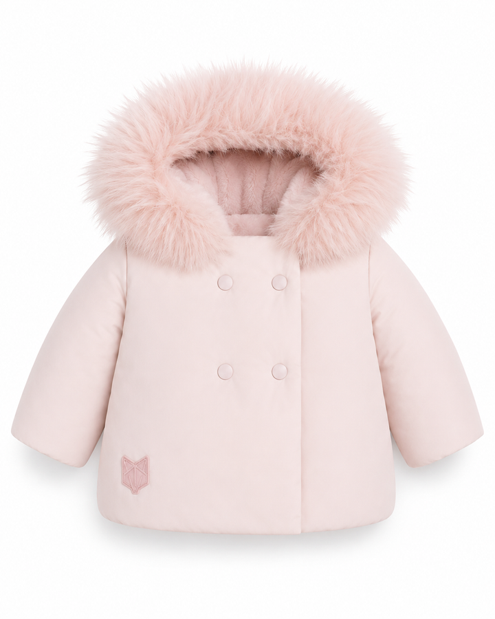 B1 Pink Double-Breasted Fur Trimmed Hooded Baby Girls Down Coat - LIGHT PINK