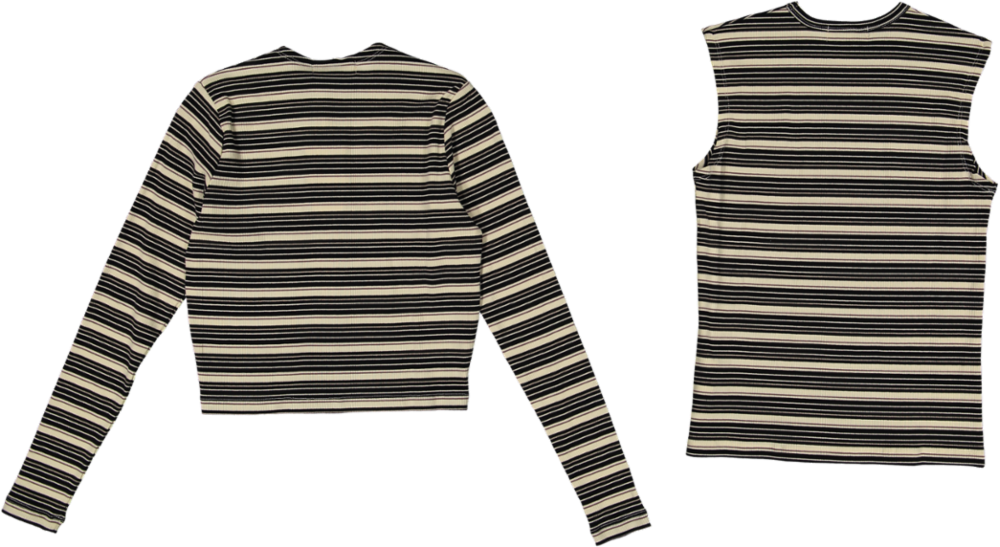 RVS622T-A-Cropped Ribbed Twin Set- Striped- Black And Cream