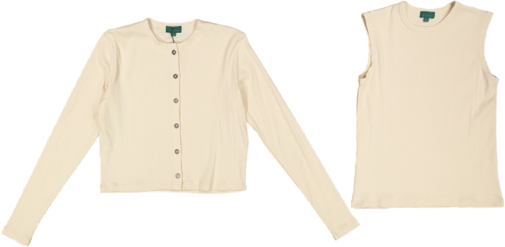 RVS640T-D-Cropped Ribbed Twin Set- Parchment