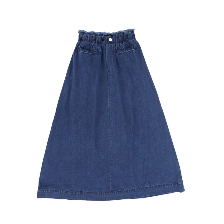 C-19215-Denim Fringe Waist Maxi Skirt -Denim