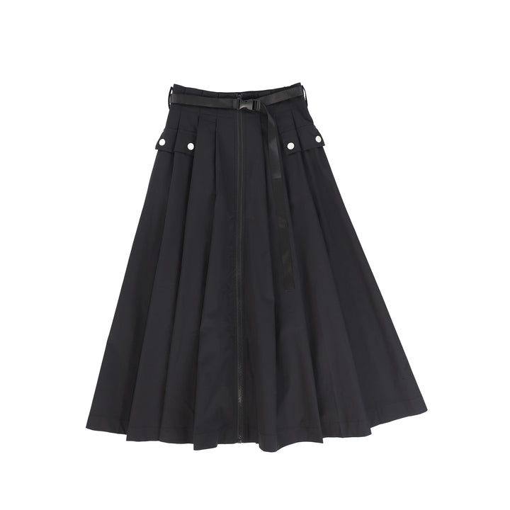 C-19604-Poplin Zipper Front Skirt -Black