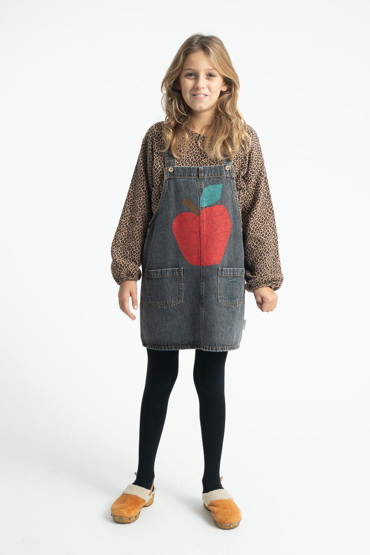 MN2615USA KNEE-LENGTH DRESS W/ STRAPS - WASHED BLACK DENIM W/ APPLE