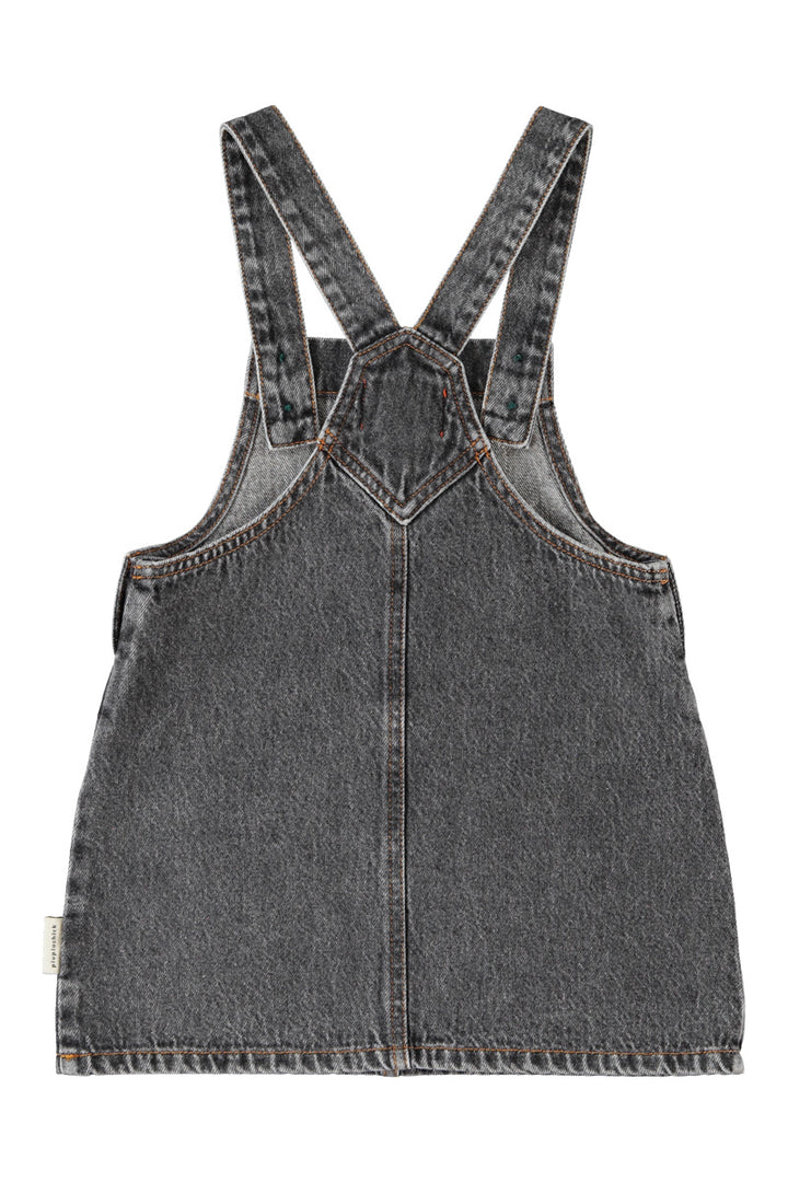 MN2615 SHORT DRESS W/ STRAPS - WASHED BLACK DENIM W/ APPLE PRINT