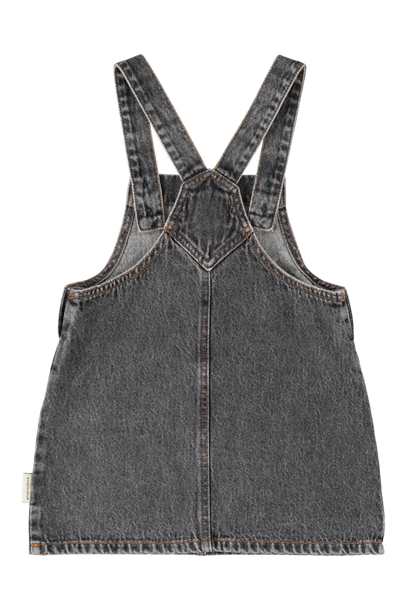 MN2615USA KNEE-LENGTH DRESS W/ STRAPS - WASHED BLACK DENIM W/ APPLE