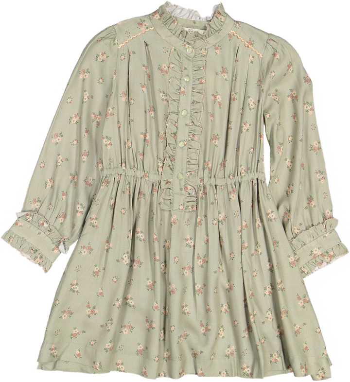 Dawn Dress-Printed Viscose Rayon Twill - Ditsy Bouquet Jade Print
