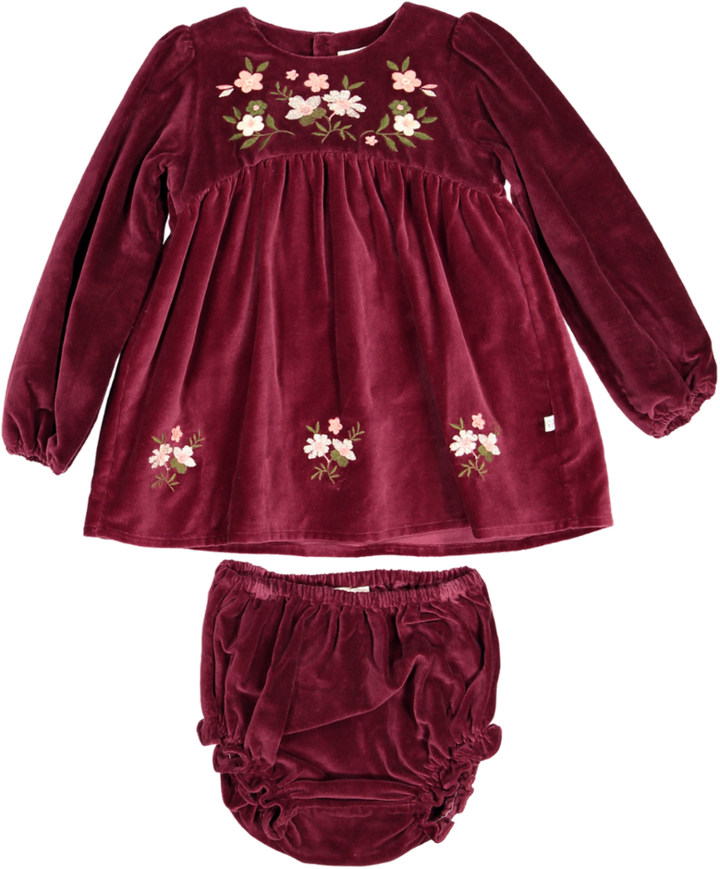 Joni Baby Dress and Bloomer-Dyed Cotton Velvet - Burgundy Colour
