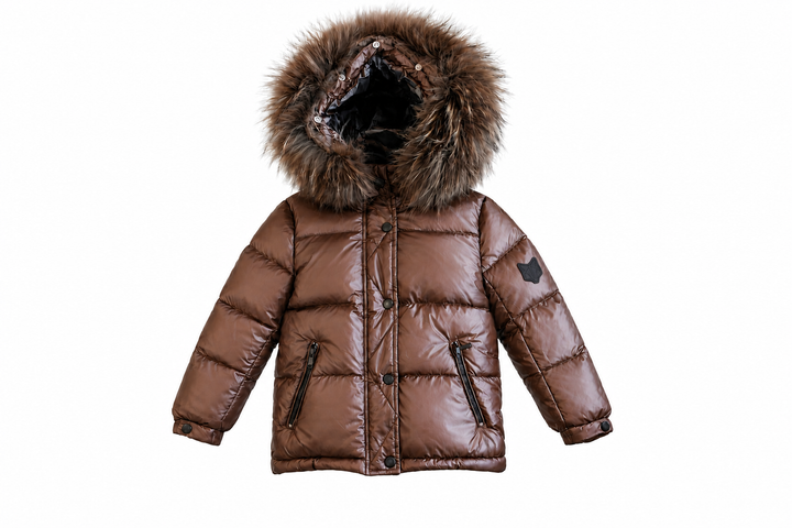 G15 Mocha Fur Trimmed Hooded Girls Down Coat with Zip Pockets - TAN