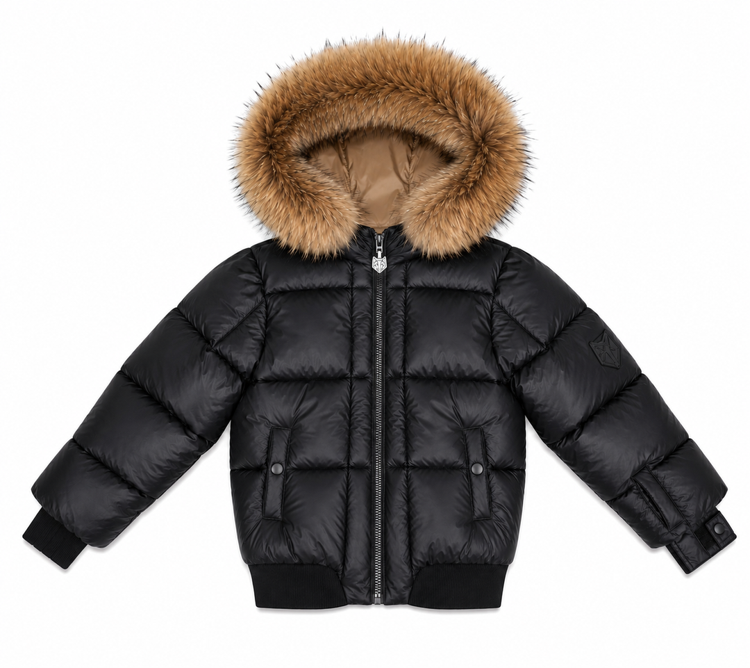 G17 Black Fur Trimmed Hooded Girls Down Bomber Coat - MATTE BLACK