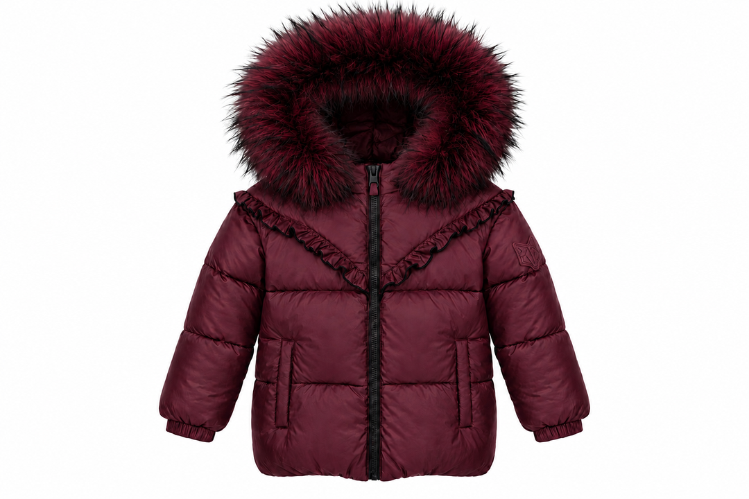 G25 Fur Trimmed Hooded Girls Down Coat with Ruffle Detail - BURGANDY RUFFLE