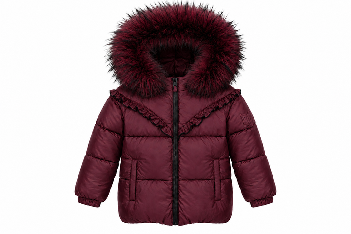 G25 Fur Trimmed Hooded Girls Down Coat with Ruffle Detail - BURGANDY RUFFLE