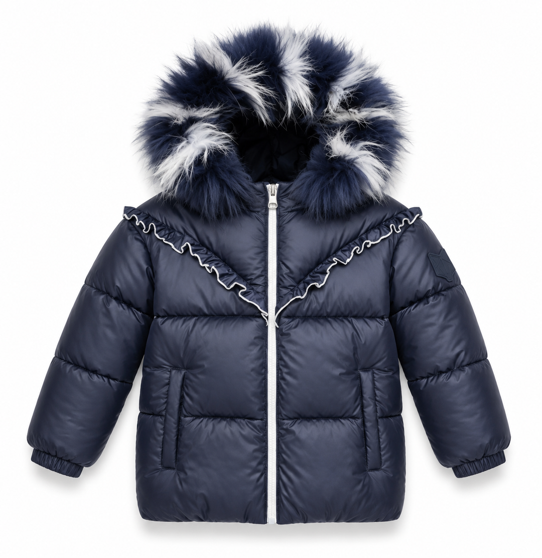 G25 Navy Fur Trimmed Hooded Girls Down Coat with Ruffle Detail - NAVY RUFFLE