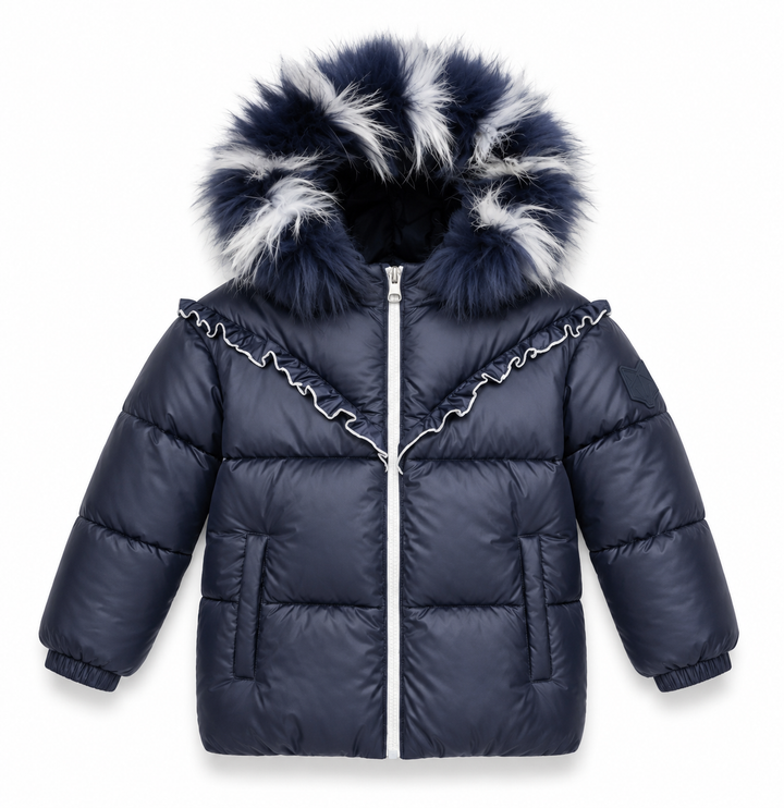 G25 Navy Fur Trimmed Hooded Girls Down Coat with Ruffle Detail - NAVY RUFFLE