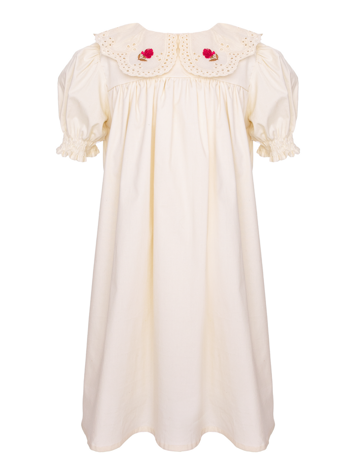 JASMINE DRESS-BEIGE WITH ROSE EMBROIDERED COLLAR