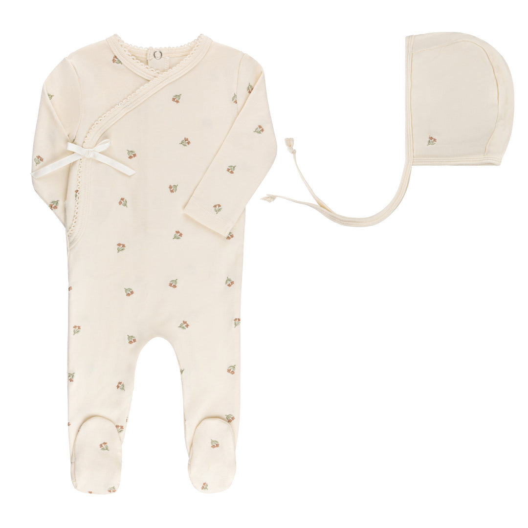 Embroidered Collection-FOOTIE/BONNET SET-Ivory Tulip