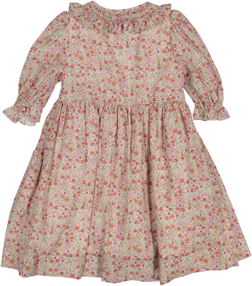 34281-ADELINE SMOCKED DRESS CUSTOM 3/4 SLV-Ditsy Red Print