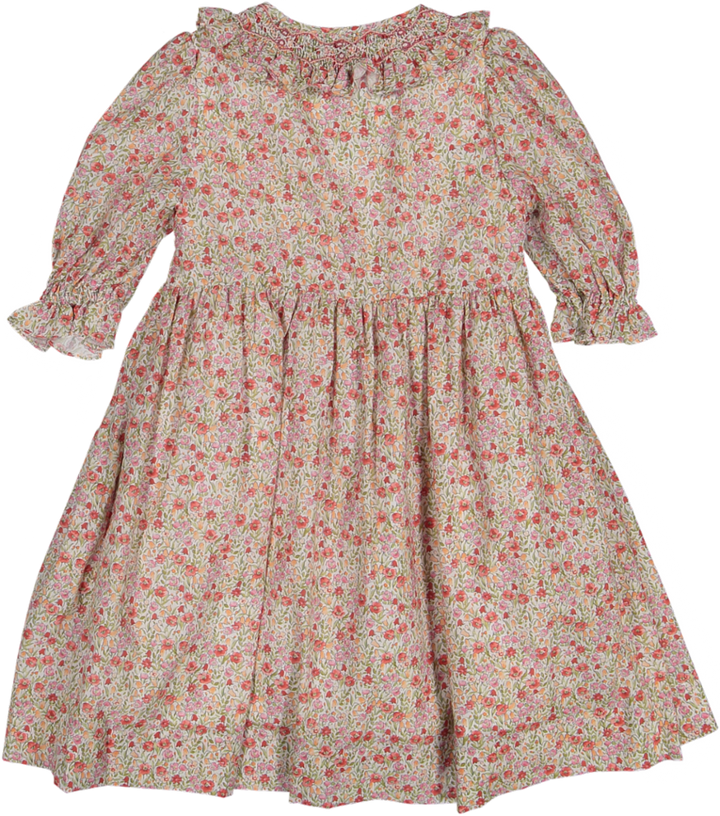 34281-ADELINE SMOCKED DRESS CUSTOM 3/4 SLV-Ditsy Red Print