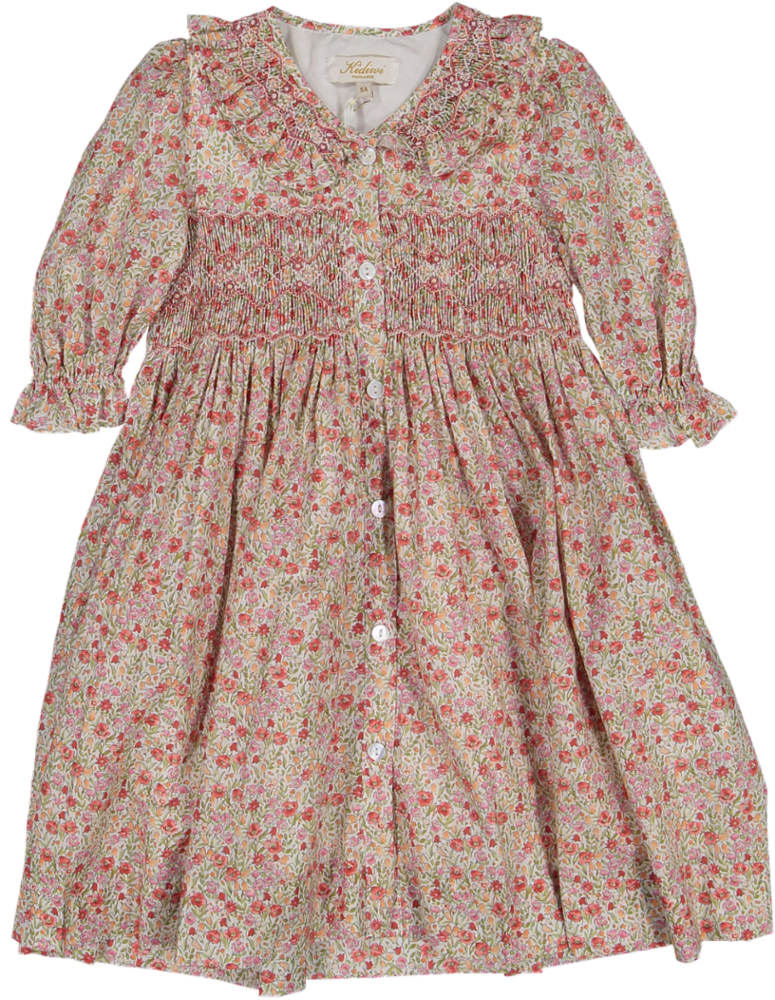 34281-ADELINE SMOCKED DRESS CUSTOM 3/4 SLV-Ditsy Red Print