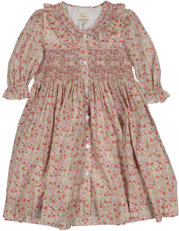 34281-ADELINE SMOCKED DRESS CUSTOM 3/4 SLV-Ditsy Red Print