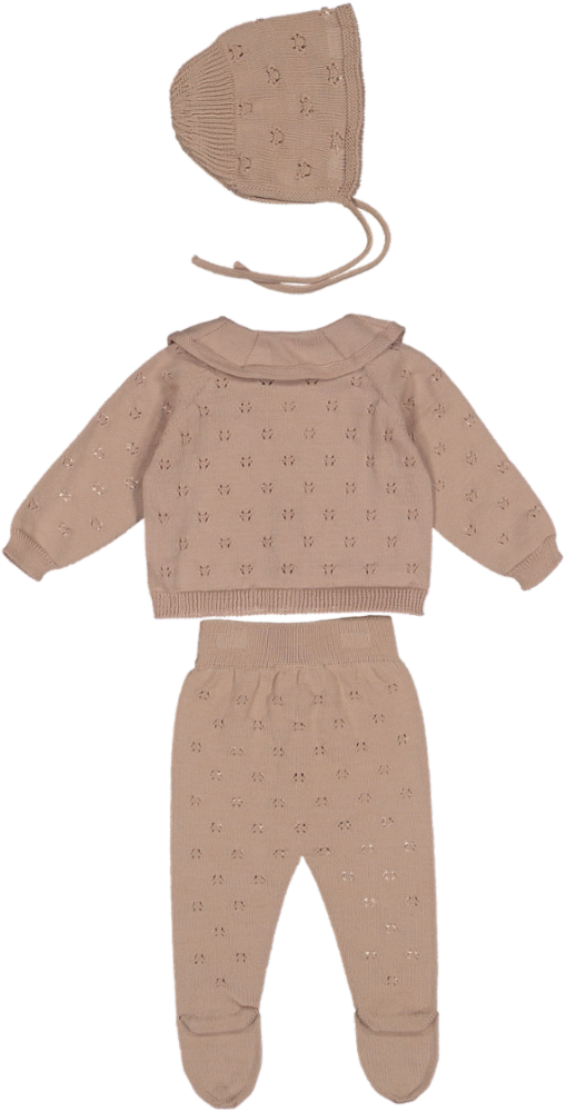 6465/6458/6460-EMBROIDERED KNIT CARDIGAN/FOOTIE/BONNET SET-CANDY