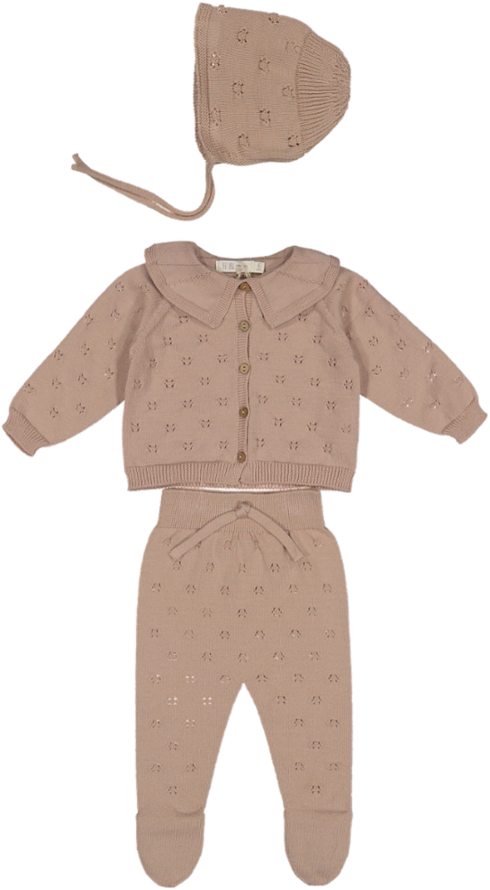 6465/6458/6460-EMBROIDERED KNIT CARDIGAN/FOOTIE/BONNET SET-CANDY