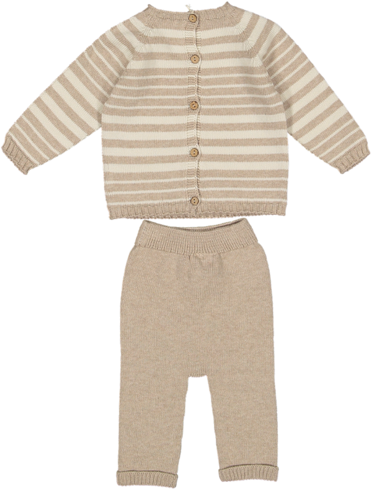 IRREGULAR STRIPED KNIT SWEATER/PANTS SET-Cream toasted