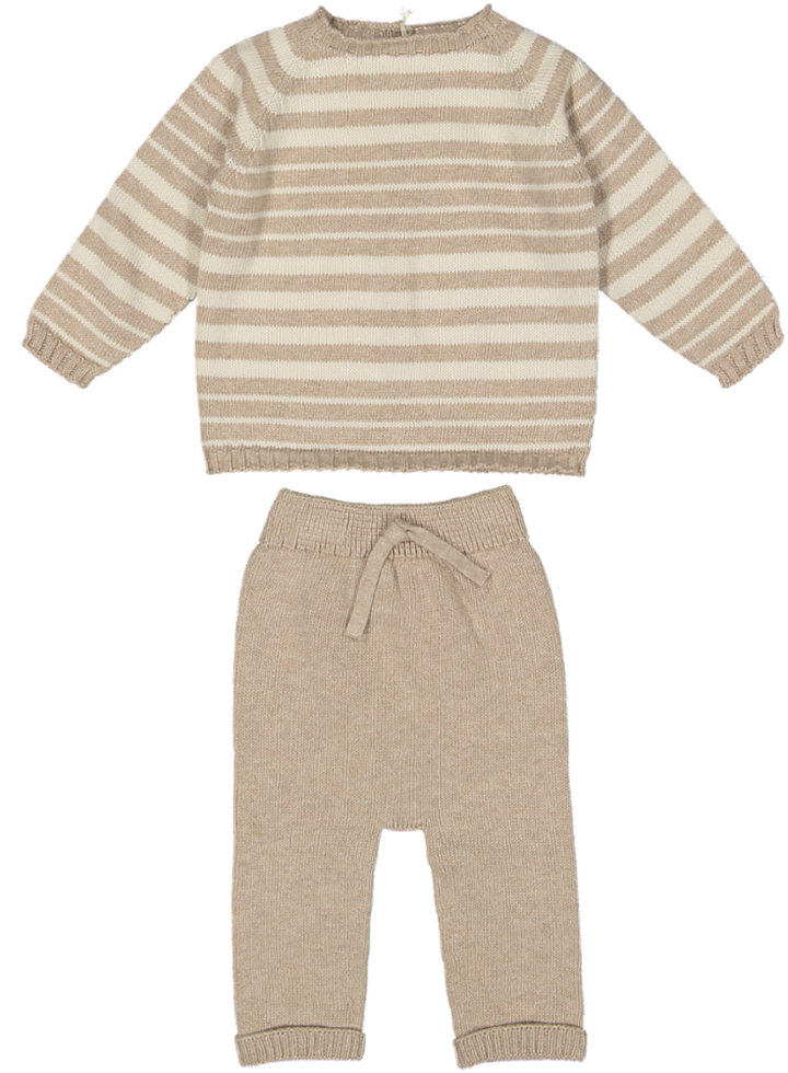 IRREGULAR STRIPED KNIT SWEATER/PANTS SET-Cream toasted