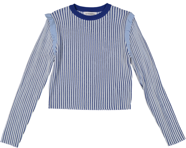 TS5013T-BLUE AND WHITE RIBBED KNIT SWEATER