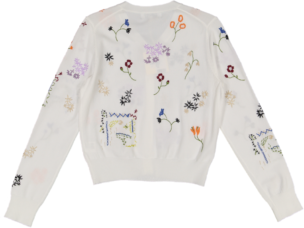 WS51825T-WHITE KNIT CARDIGAN WITH MULTI COLOR FLORAL EMBOIDERY