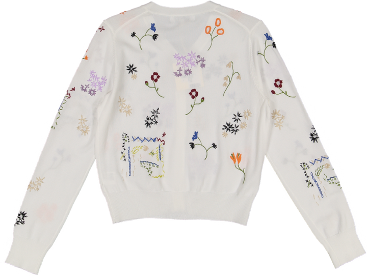 WS51825T-WHITE KNIT CARDIGAN WITH MULTI COLOR FLORAL EMBOIDERY