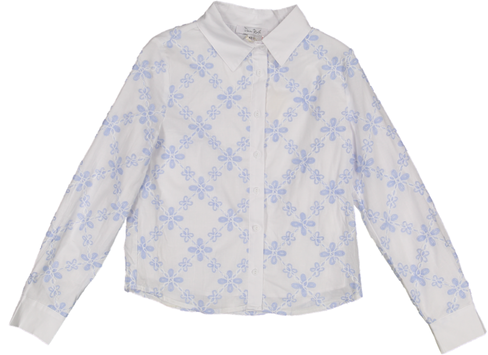 WWS51630T-Blue And White Embroidered Floral Blouse