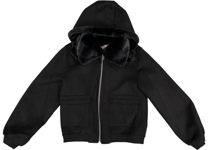 53681-Fur trim pocket Wool Bomber-Black