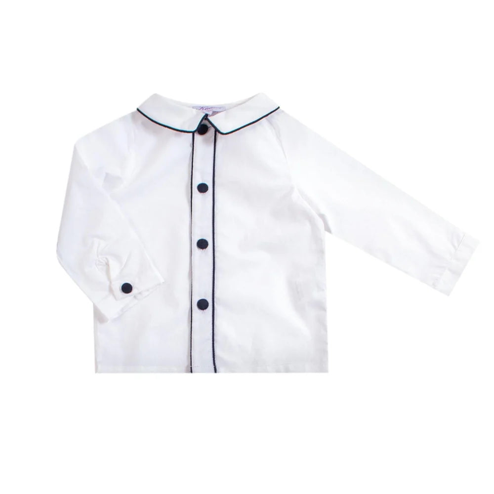 37353 NOA BOY - WHITE POPLIN WITH BLUE-GREY TARTAN PIPING