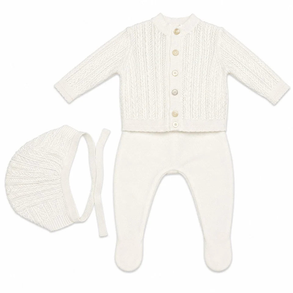 BK26002FCS Embroidered Collar Knit Footie Set - White