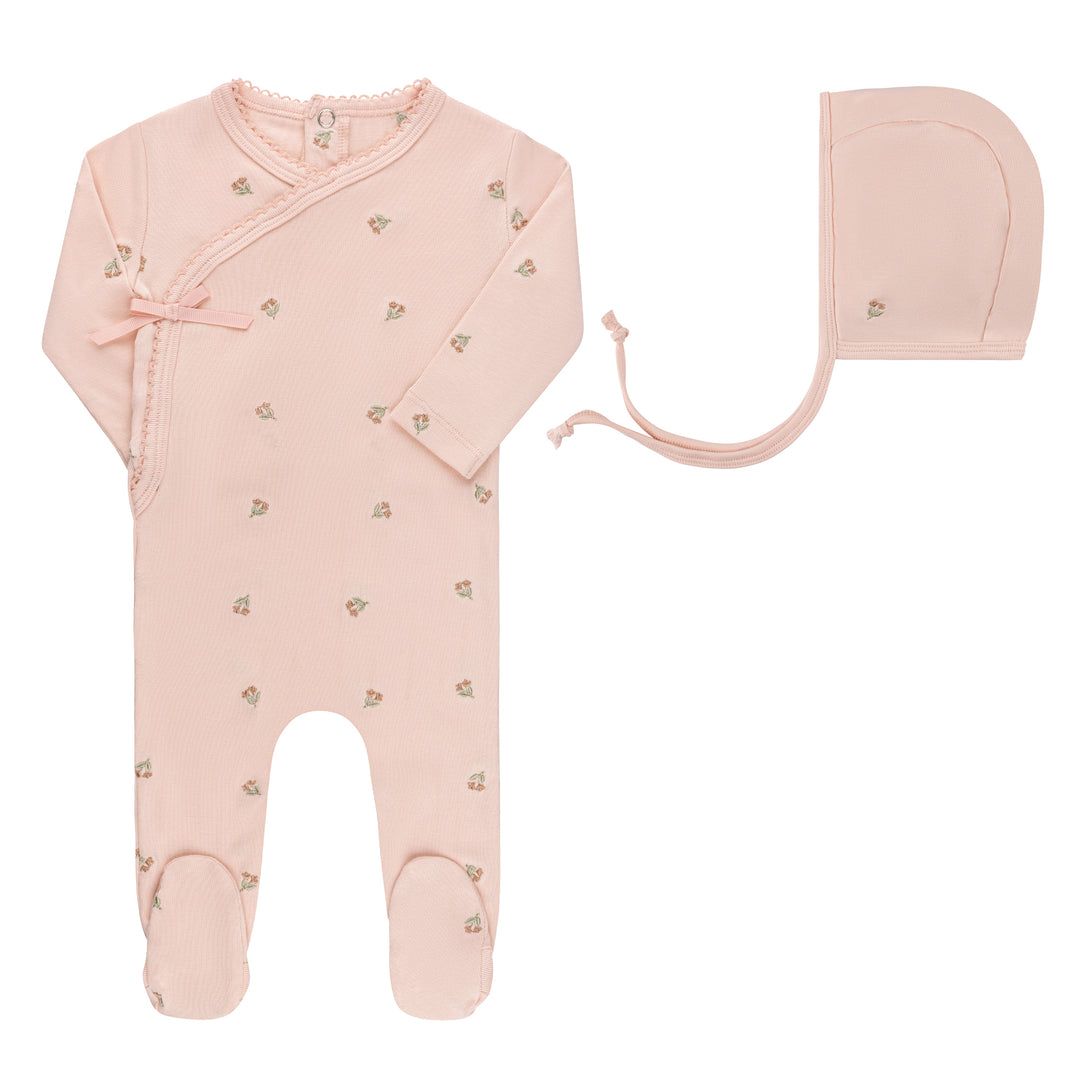 Embroidered Collection-FOOTIE/BONNET SET-Pink Tulip