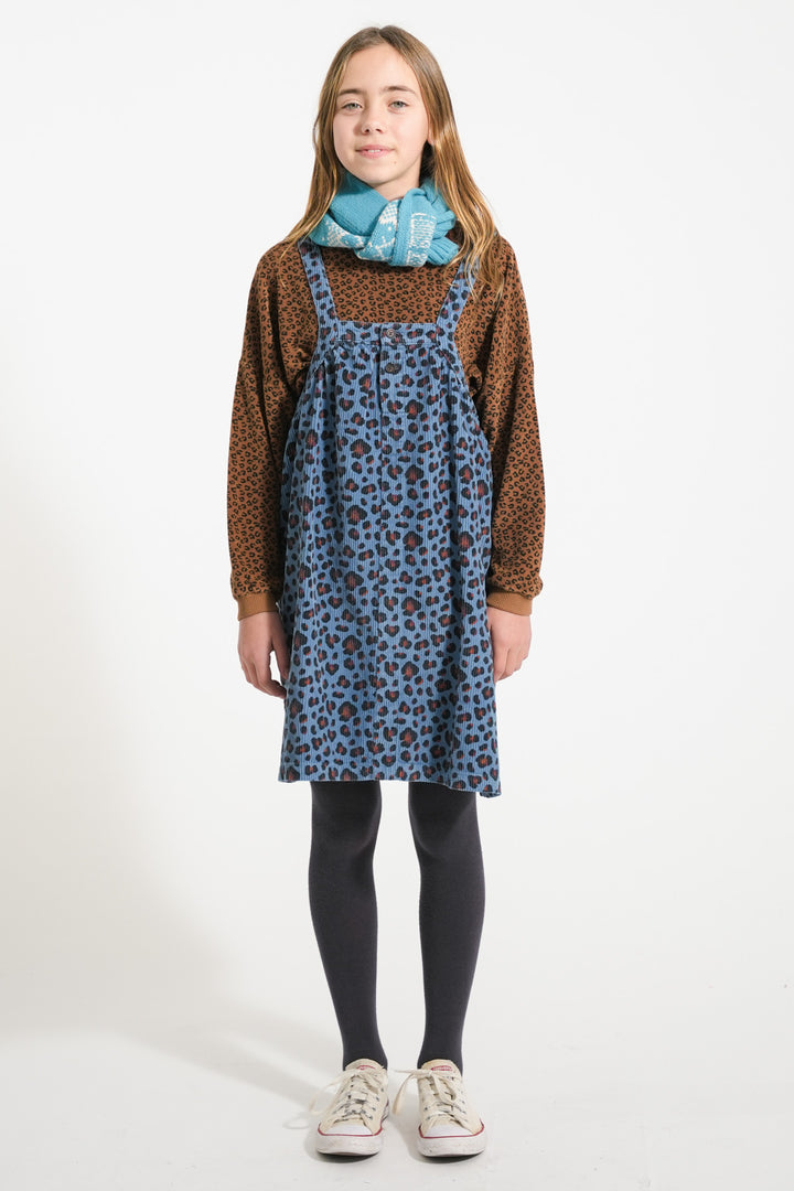 AW25.MN2513A  USA-Knee-lenght dress w/ straps | Blue w/ animal print-blue| cotton corduroy