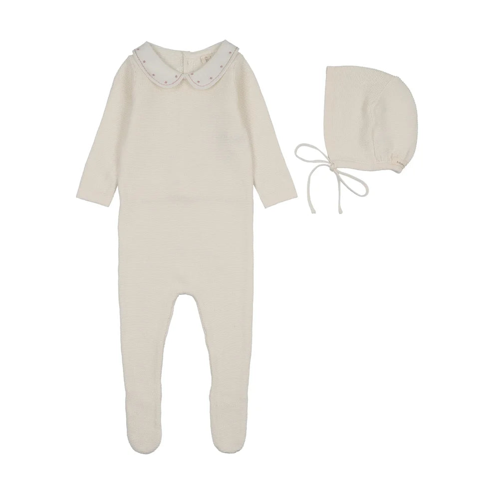 EMBROIDERED KNIT COLLAR FOOTIE SET - CREAM/PINK
