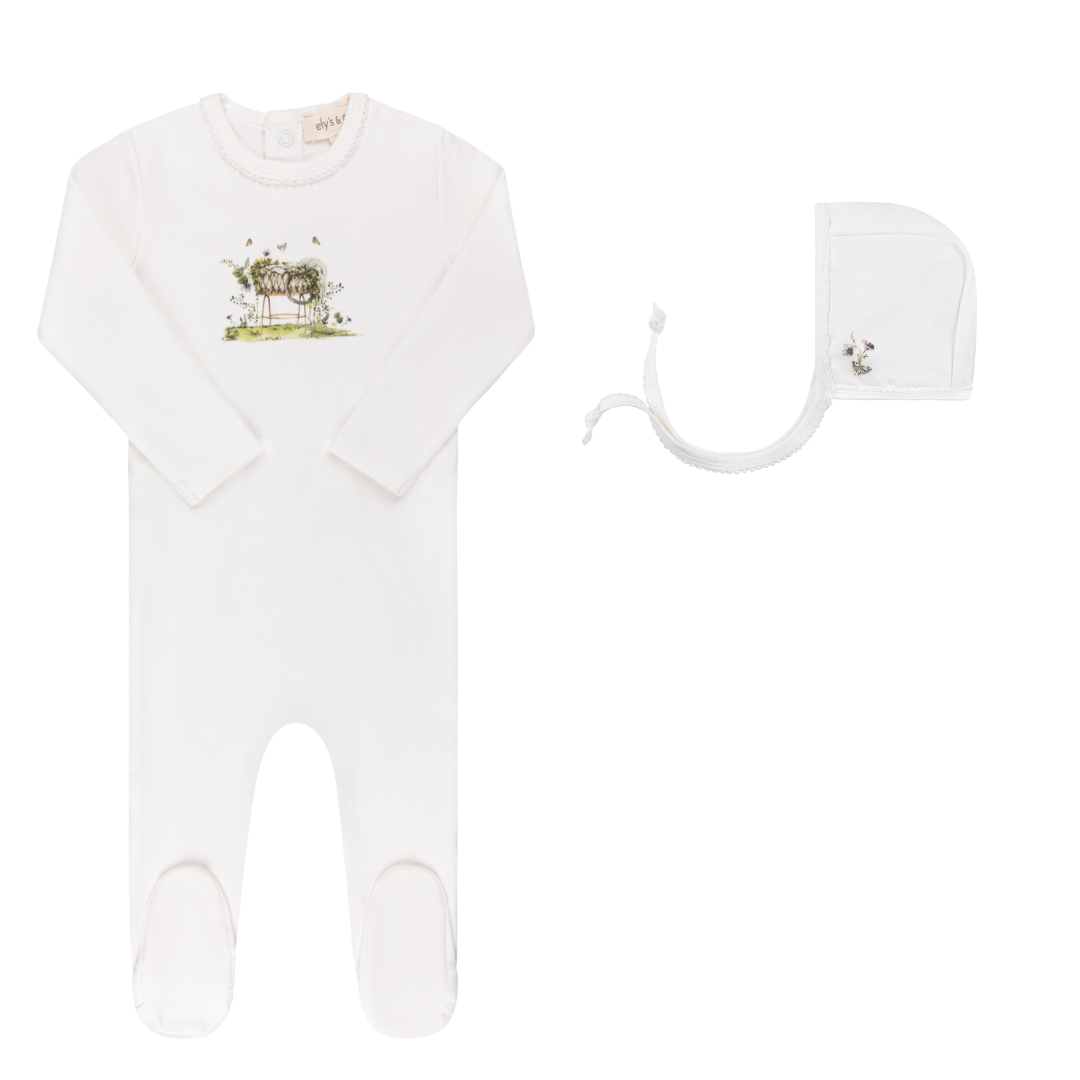 WATERCOLOR CRADLE COLLECTION-FOOTIE/BONNET SET-Ivory Girl