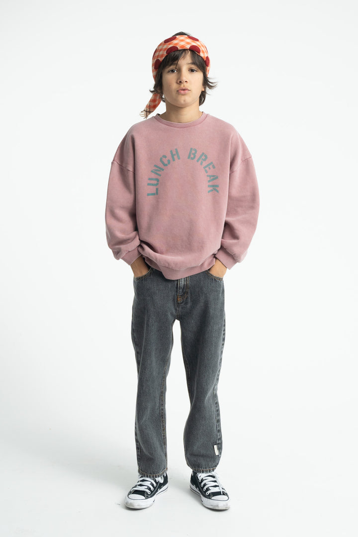 FLP2607.K OVERSIZED SWEATSHIRT - PINK W/ "LUNCH BREAK" PRINT