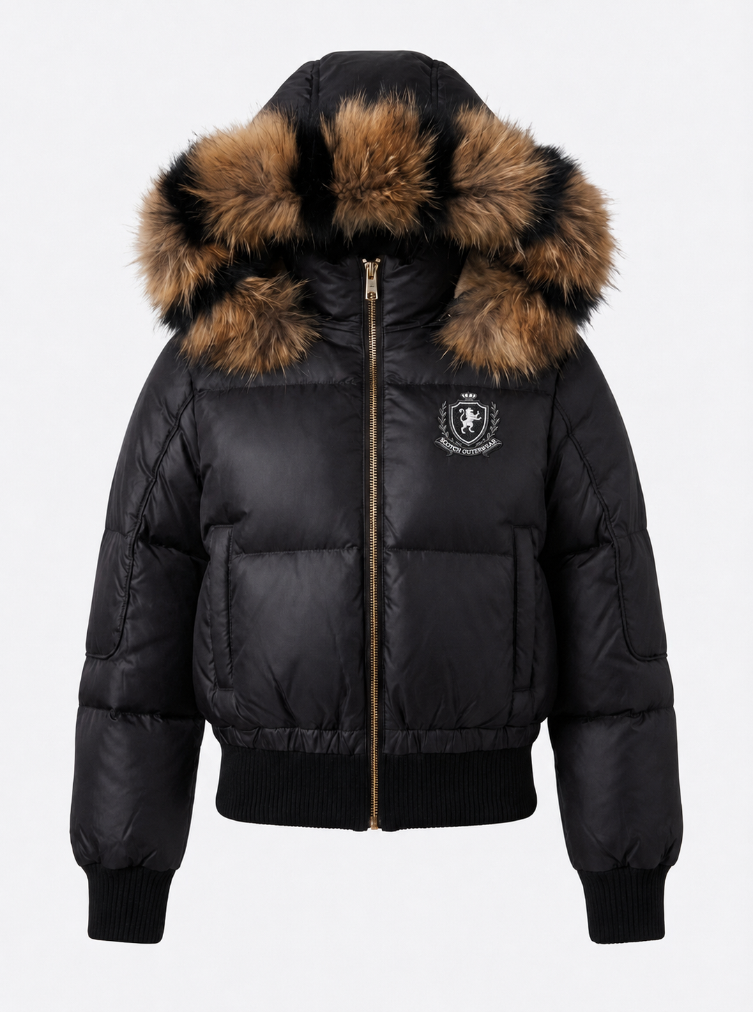 T45 Black Teen Fur-Trim Bomber Down Coat - GOLD ZIPPER