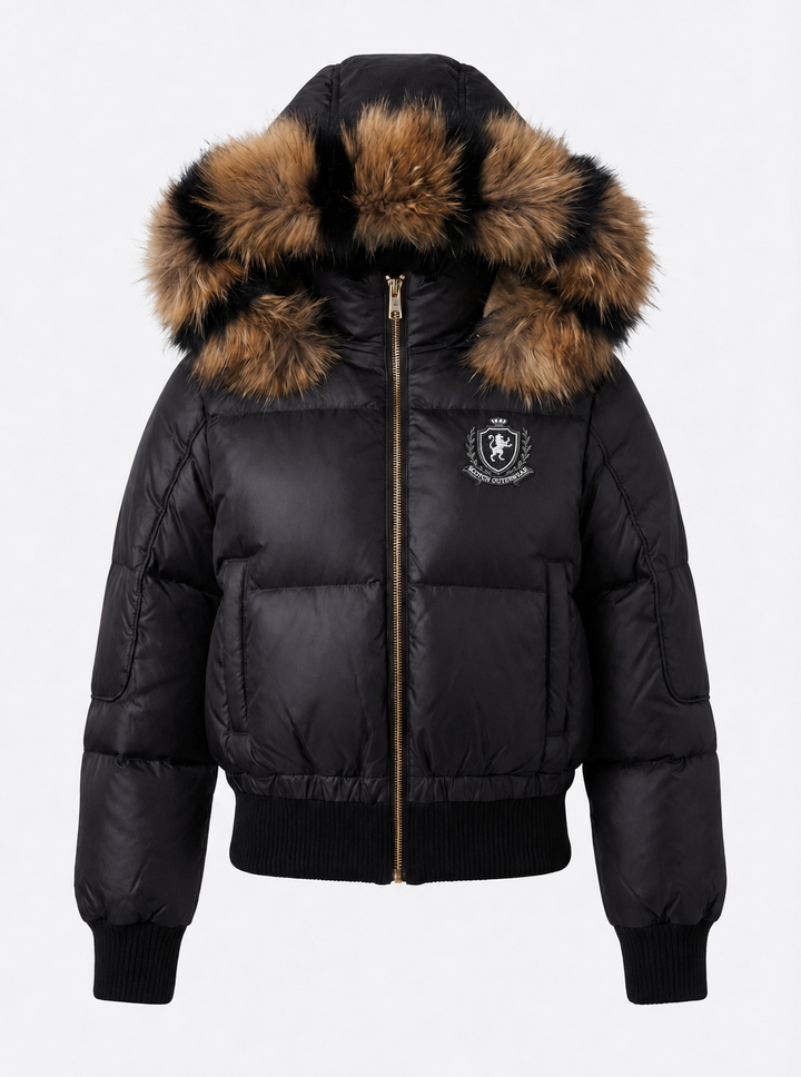 T45 Black Teen Fur-Trim Bomber Down Coat - GOLD ZIPPER