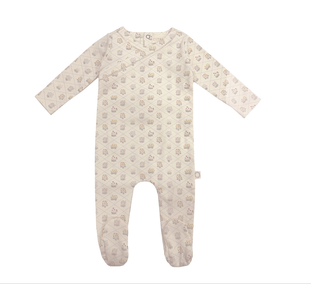 Trellis Floral Footie-Natural/Blue